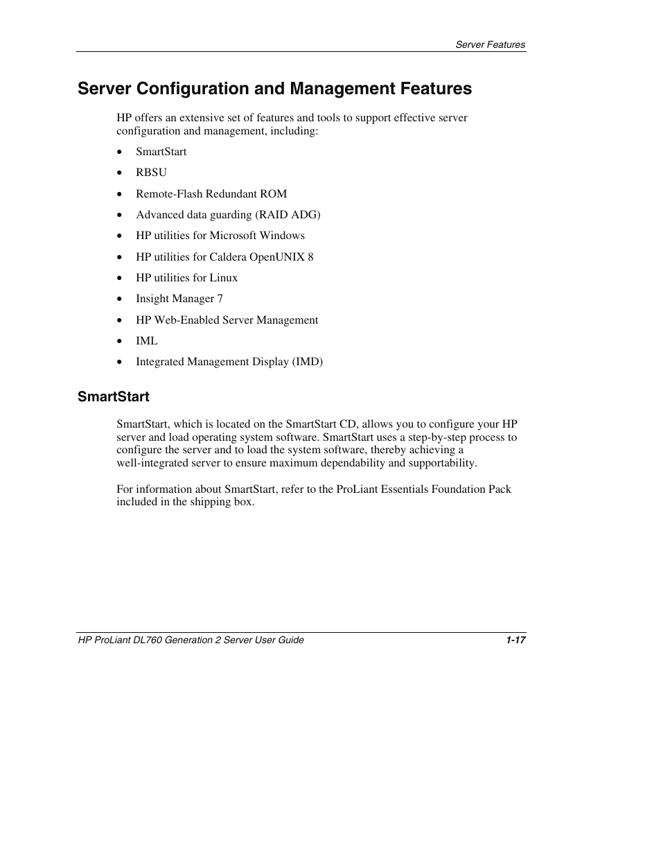 Server configuration and management features, Smartstart, Server configuration and management features -17 | Smartstart -17 | HP ProLiant DL760 G2 Server User Manual | Page 34 / 299