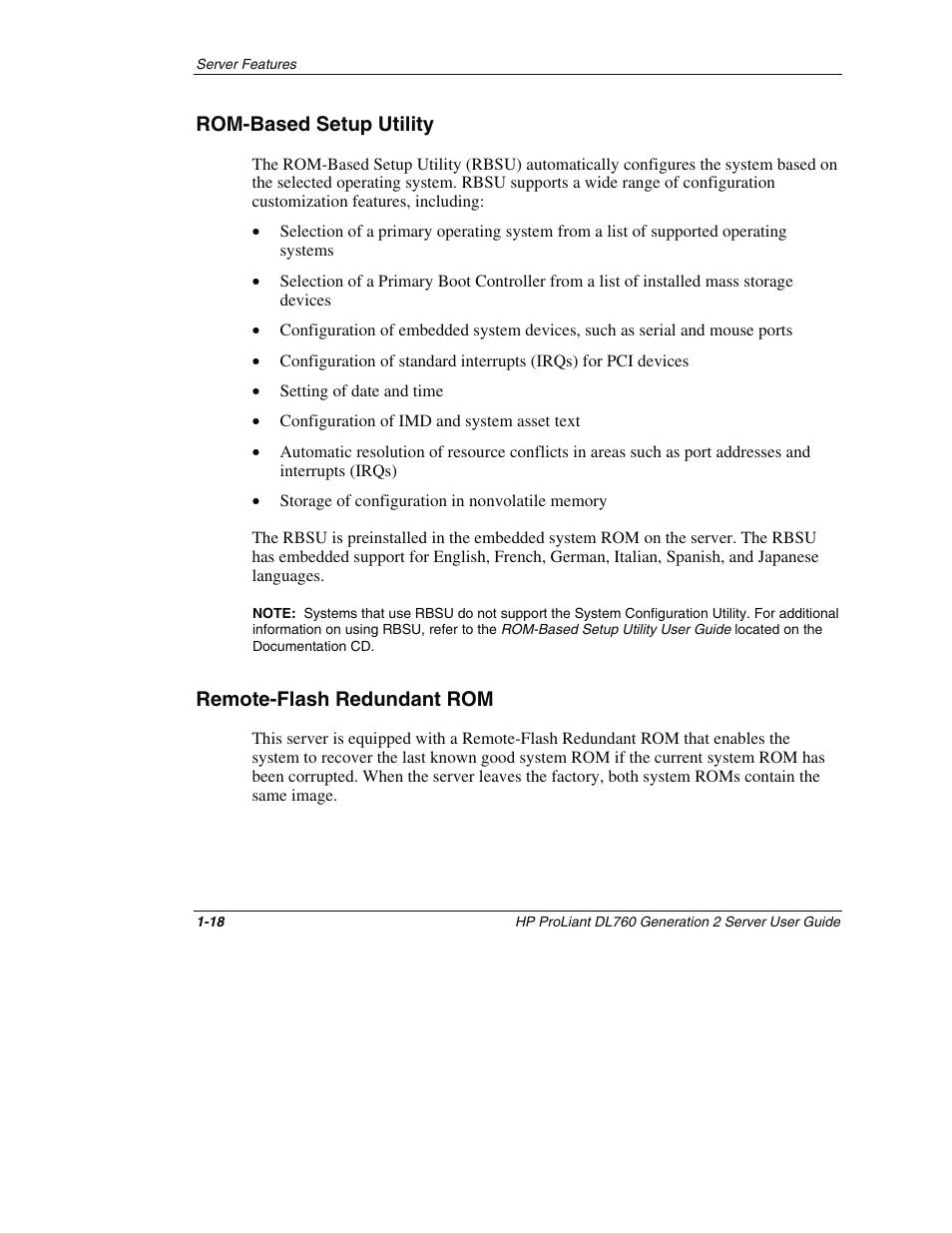 Rom-based setup utility, Remote-flash redundant rom, Rom-based setup utility -18 | Remote-flash redundant rom -18 | HP ProLiant DL760 G2 Server User Manual | Page 35 / 299