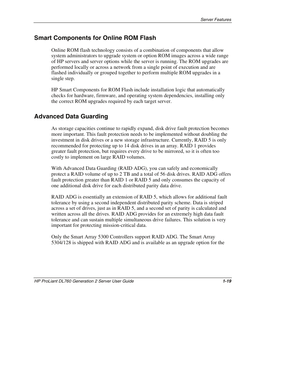 Smart components for online rom flash, Advanced data guarding, Smart components for online rom flash -19 | Advanced data guarding -19 | HP ProLiant DL760 G2 Server User Manual | Page 36 / 299