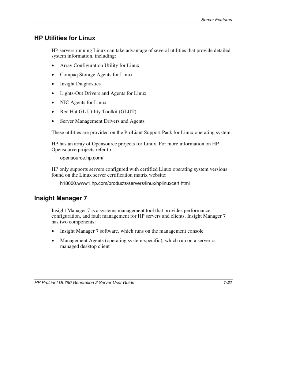 Hp utilities for linux, Insight manager 7, Hp utilities for linux -21 | Insight manager 7 -21 | HP ProLiant DL760 G2 Server User Manual | Page 38 / 299