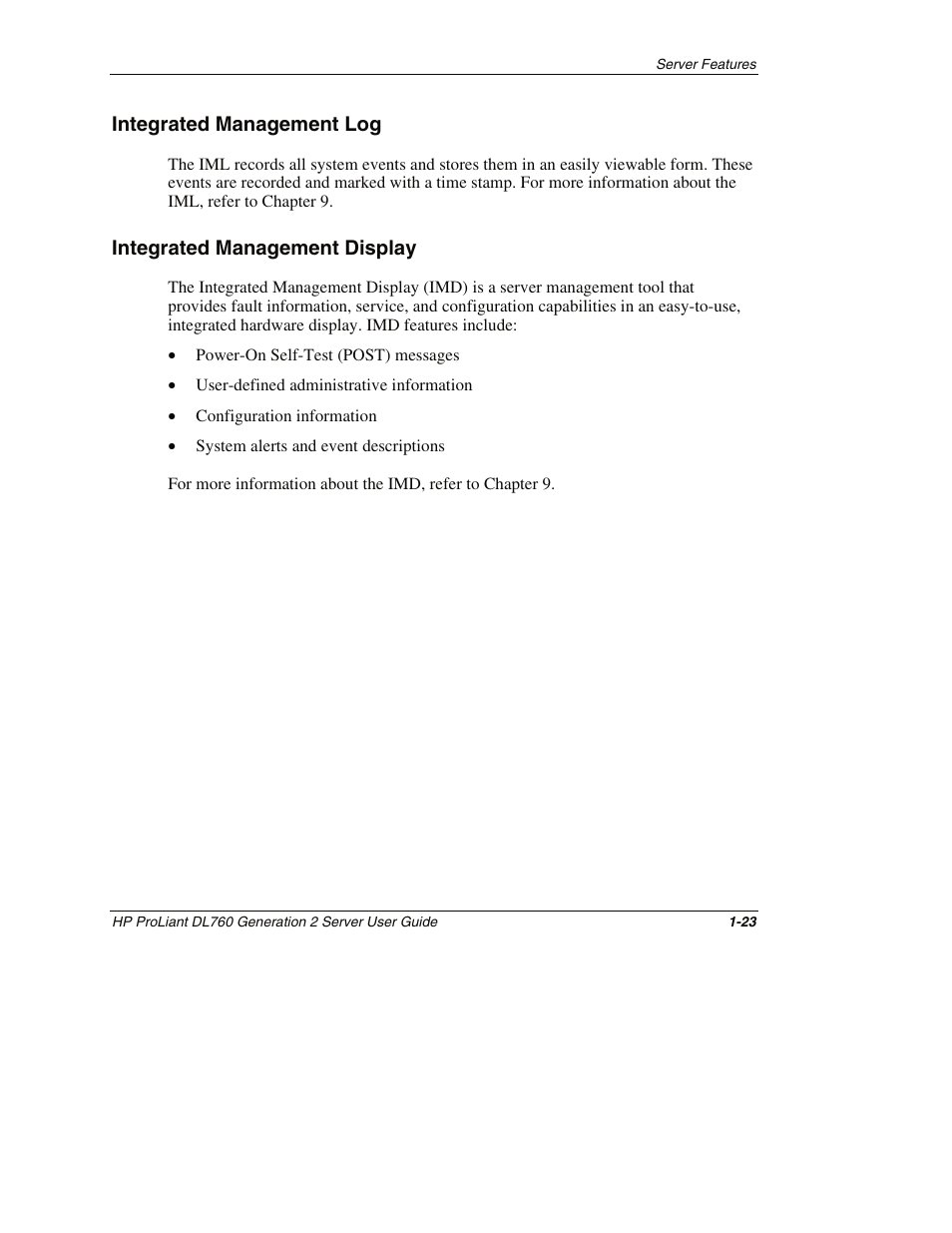 Integrated management log, Integrated management display, Integrated management log -23 | Integrated management display -23 | HP ProLiant DL760 G2 Server User Manual | Page 40 / 299