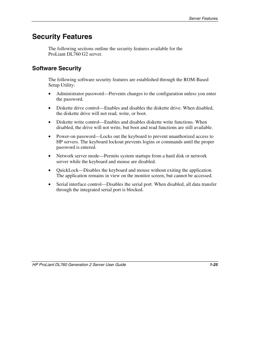 Security features, Software security, Security features -25 | Software security -25 | HP ProLiant DL760 G2 Server User Manual | Page 42 / 299