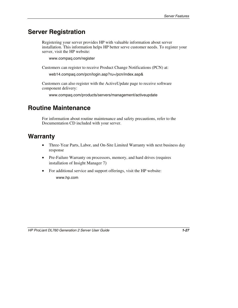 Server registration, Routine maintenance, Warranty | Server registration -27, Routine maintenance -27, Warranty -27 | HP ProLiant DL760 G2 Server User Manual | Page 44 / 299