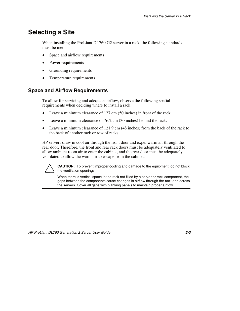 Selecting a site, Space and airflow requirements, Selecting a site -3 | Space and airflow requirements -3 | HP ProLiant DL760 G2 Server User Manual | Page 47 / 299