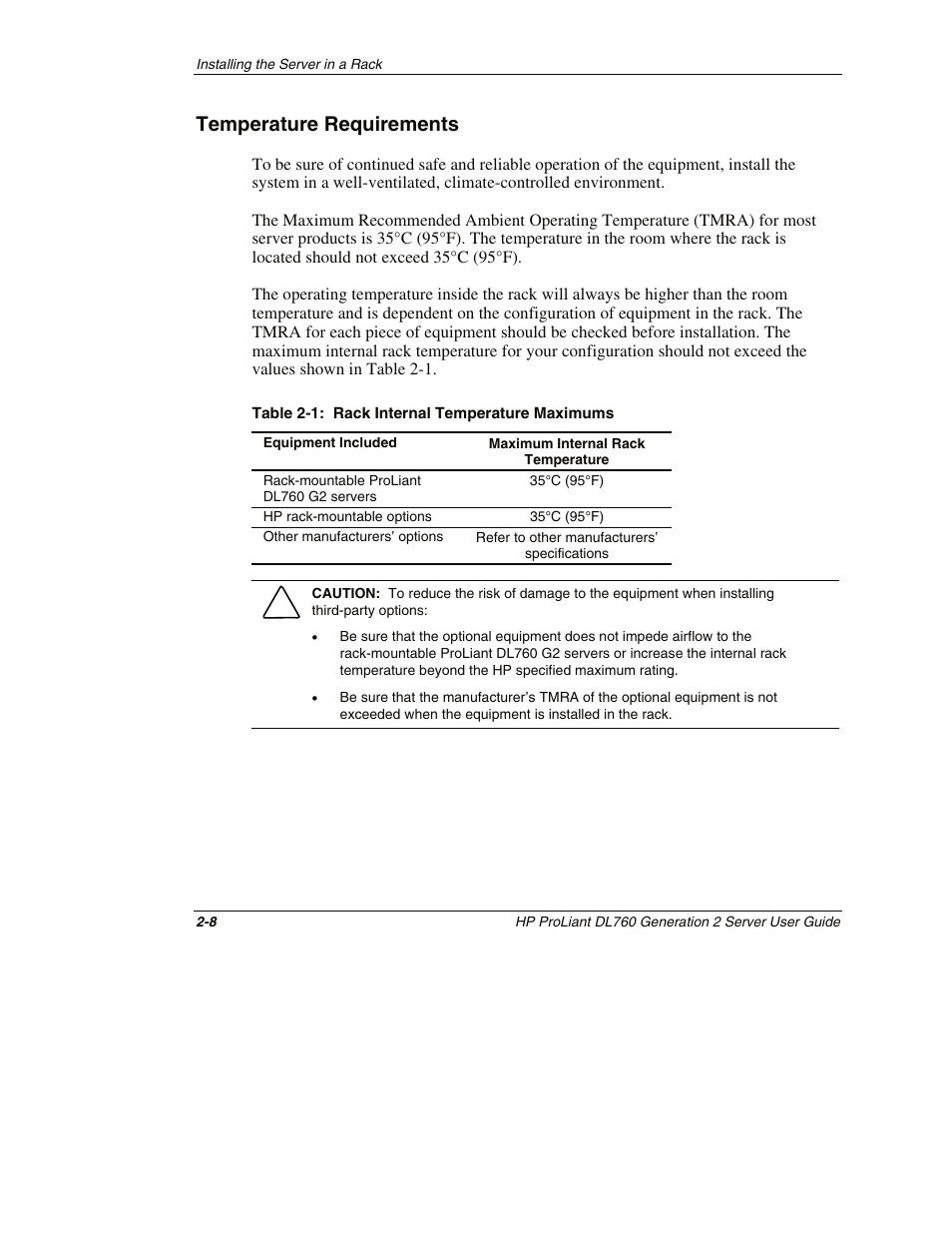 Temperature requirements, Temperature requirements -8 | HP ProLiant DL760 G2 Server User Manual | Page 52 / 299