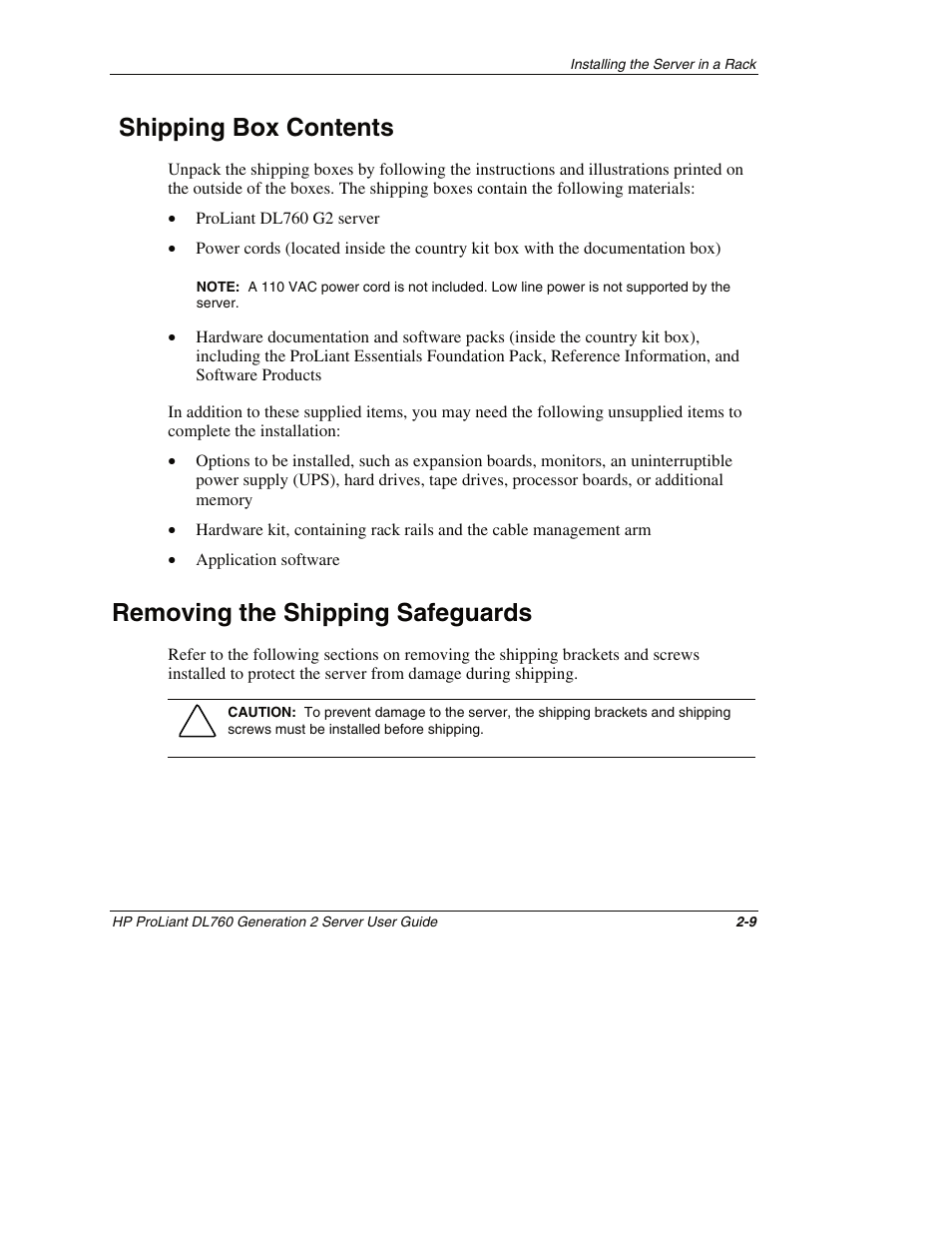 Shipping box contents, Removing the shipping safeguards, Shipping box contents -9 | Removing the shipping safeguards -9 | HP ProLiant DL760 G2 Server User Manual | Page 53 / 299