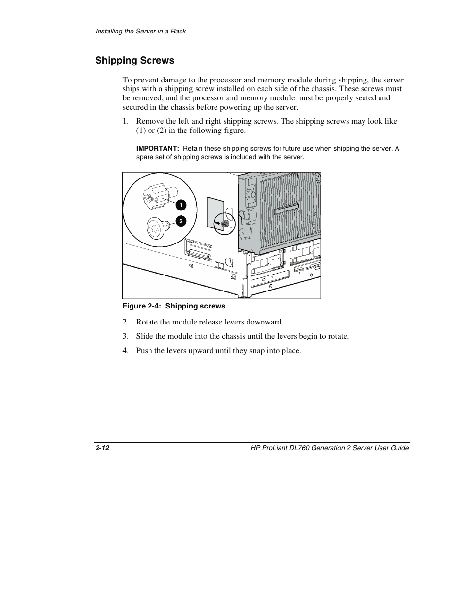 Shipping screws, Shipping screws -12 | HP ProLiant DL760 G2 Server User Manual | Page 56 / 299