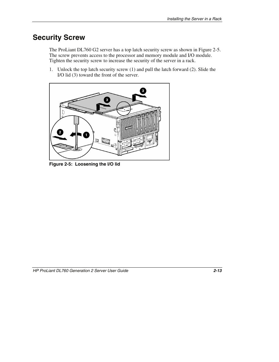 Security screw, Security screw -13 | HP ProLiant DL760 G2 Server User Manual | Page 57 / 299