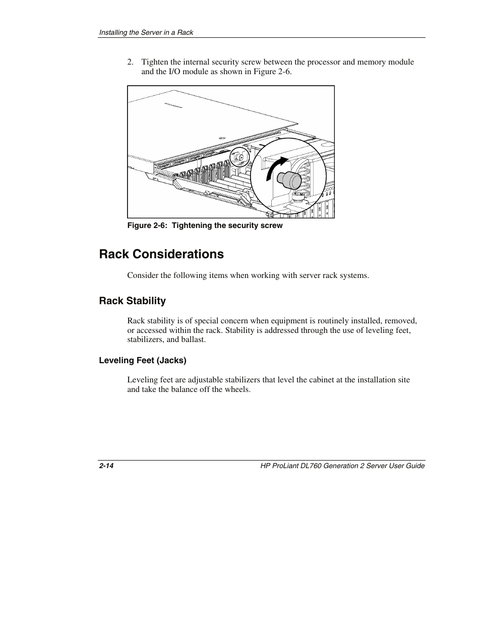 Rack considerations, Rack stability, Leveling feet (jacks) | Rack considerations -14, Rack stability -14 | HP ProLiant DL760 G2 Server User Manual | Page 58 / 299