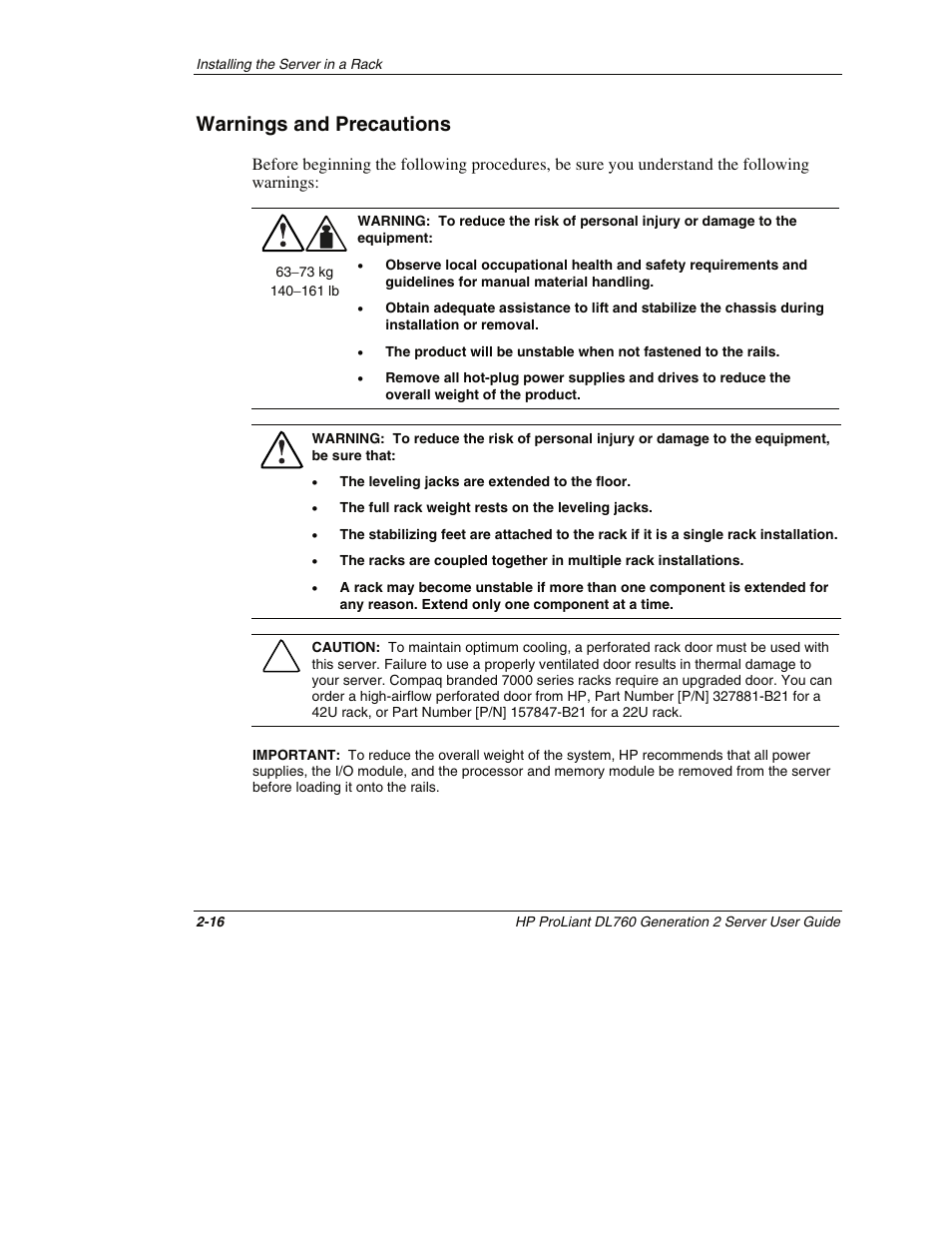 Warnings and precautions, Warnings and precautions -16 | HP ProLiant DL760 G2 Server User Manual | Page 60 / 299