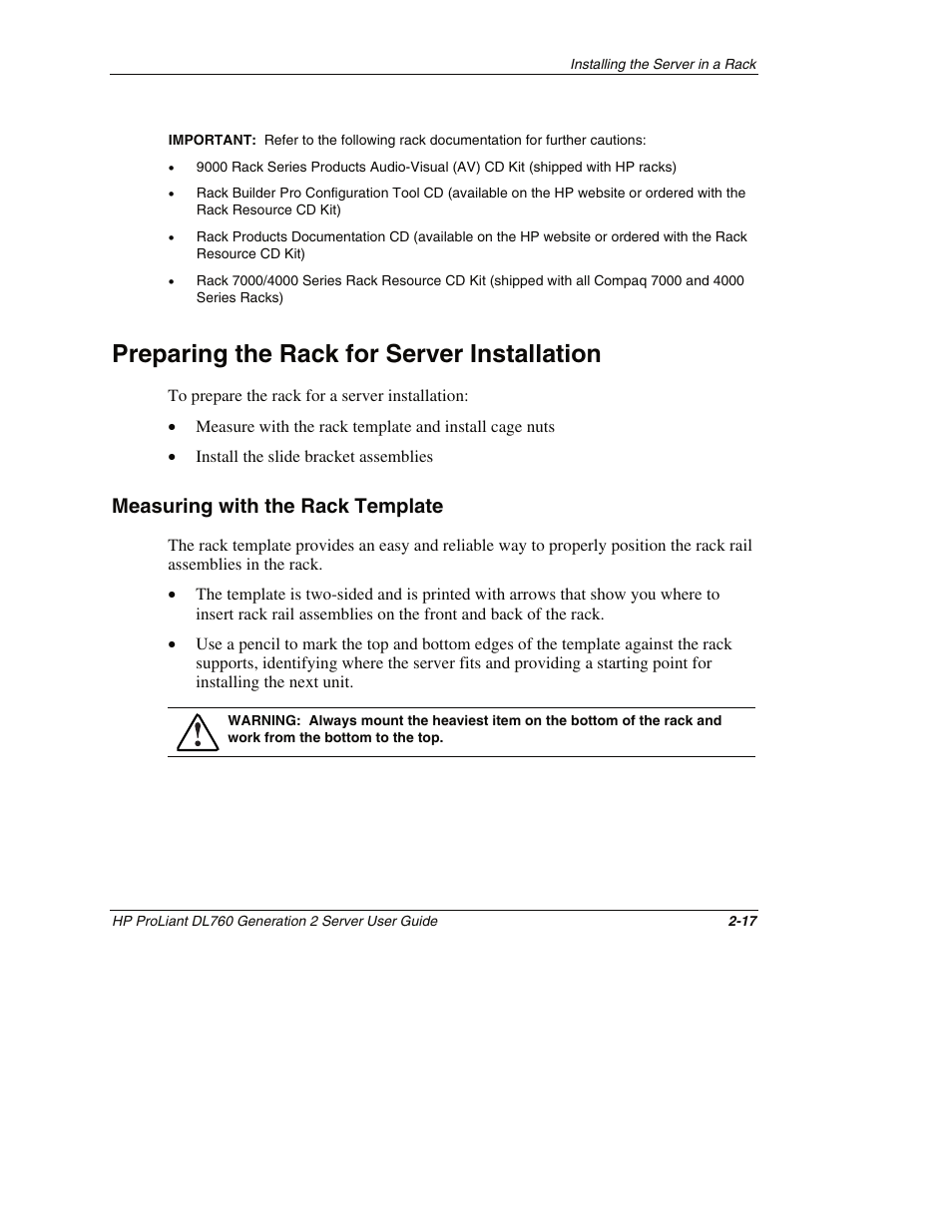 Preparing the rack for server installation, Measuring with the rack template, Preparing the rack for server installation -17 | Measuring with the rack template -17 | HP ProLiant DL760 G2 Server User Manual | Page 61 / 299