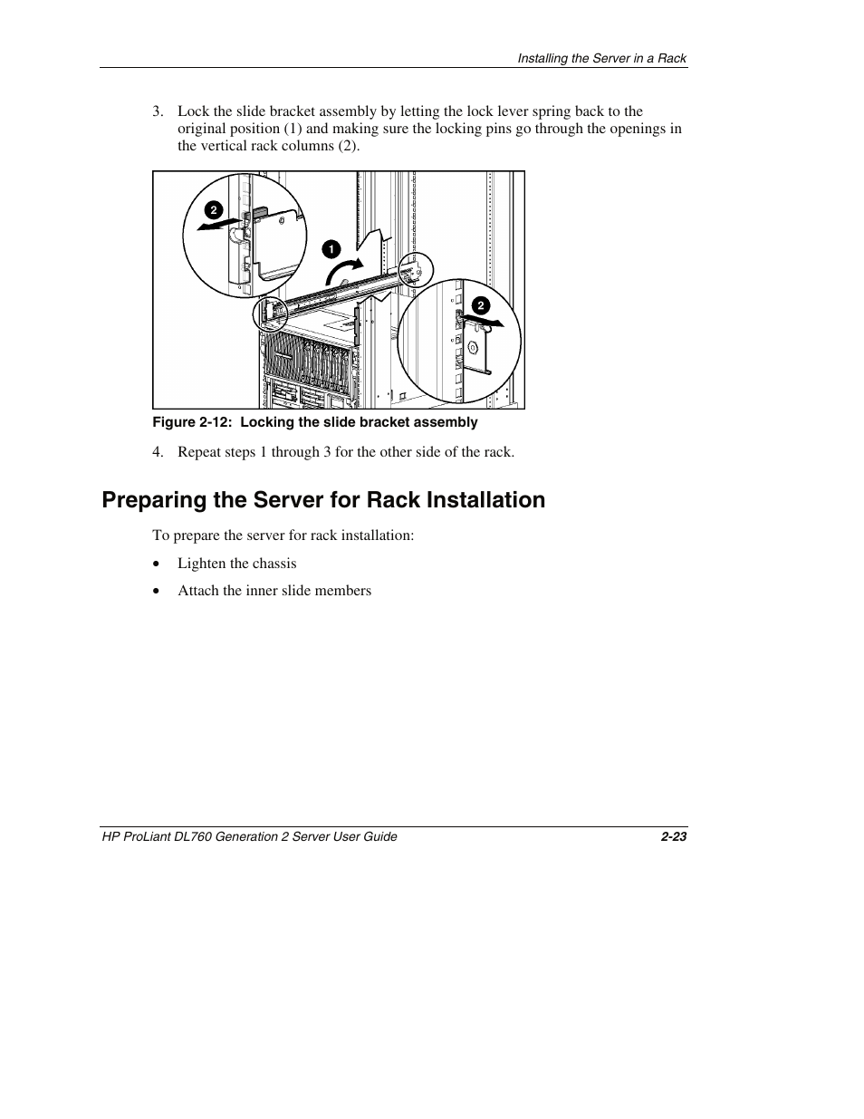 Preparing the server for rack installation, Preparing the server for rack installation -23 | HP ProLiant DL760 G2 Server User Manual | Page 67 / 299
