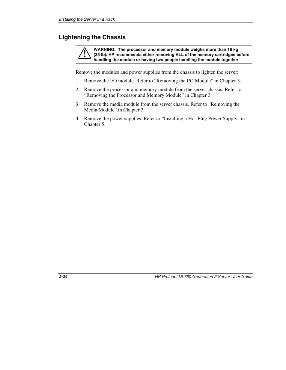 Lightening the chassis, Lightening the chassis -24 | HP ProLiant DL760 G2 Server User Manual | Page 68 / 299