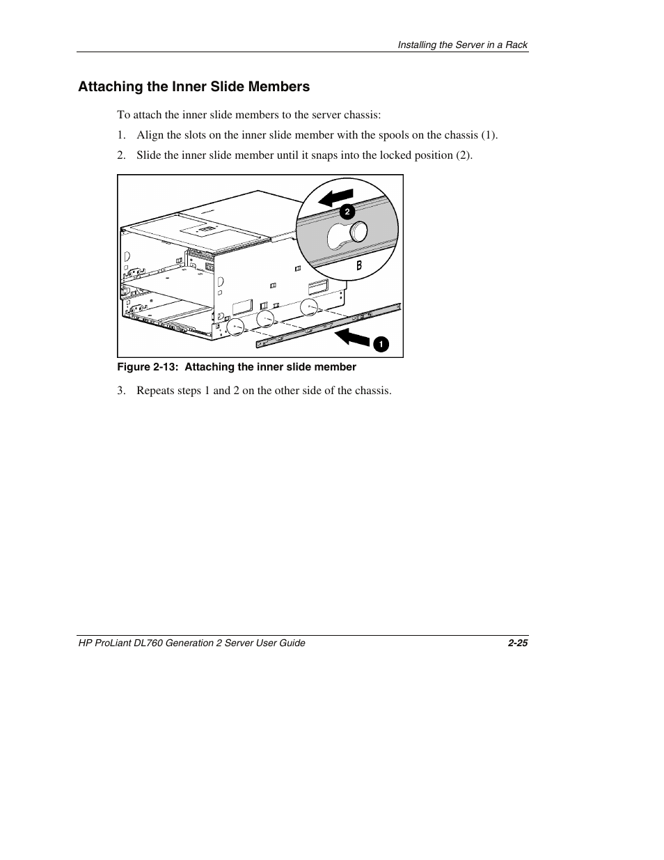 Attaching the inner slide members, Attaching the inner slide members -25 | HP ProLiant DL760 G2 Server User Manual | Page 69 / 299