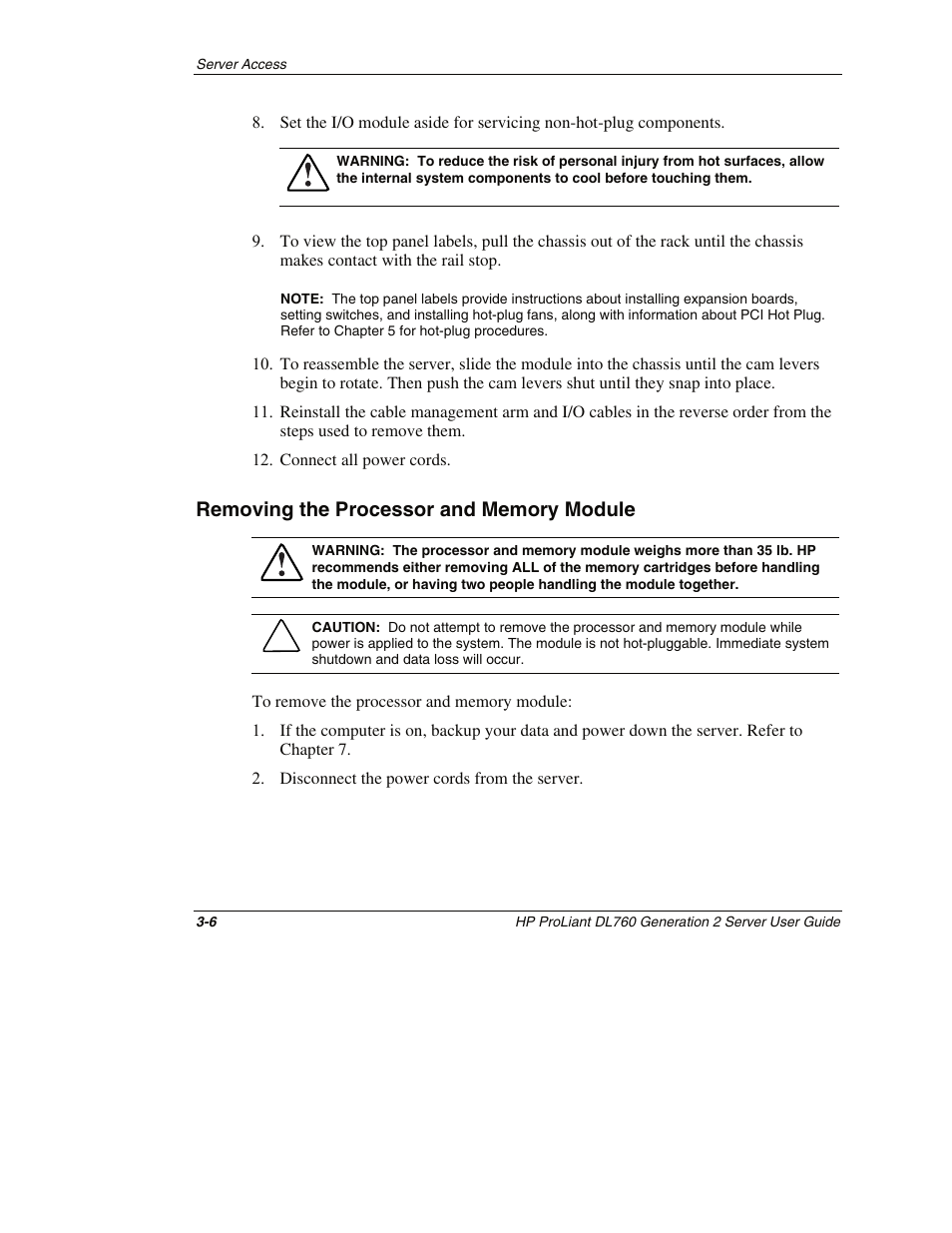 Removing the processor and memory module, Removing the processor and memory module -6 | HP ProLiant DL760 G2 Server User Manual | Page 82 / 299