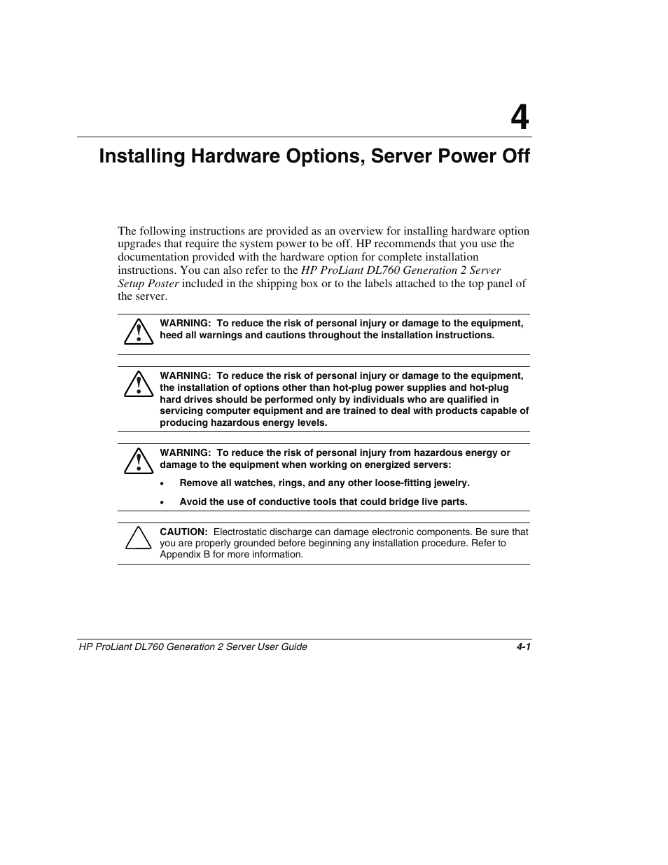 Chapter 4, Installing hardware options, server power off | HP ProLiant DL760 G2 Server User Manual | Page 90 / 299