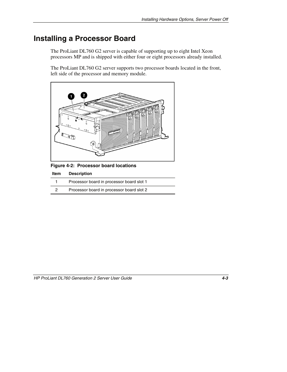 Installing a processor board, Installing a processor board -3 | HP ProLiant DL760 G2 Server User Manual | Page 92 / 299