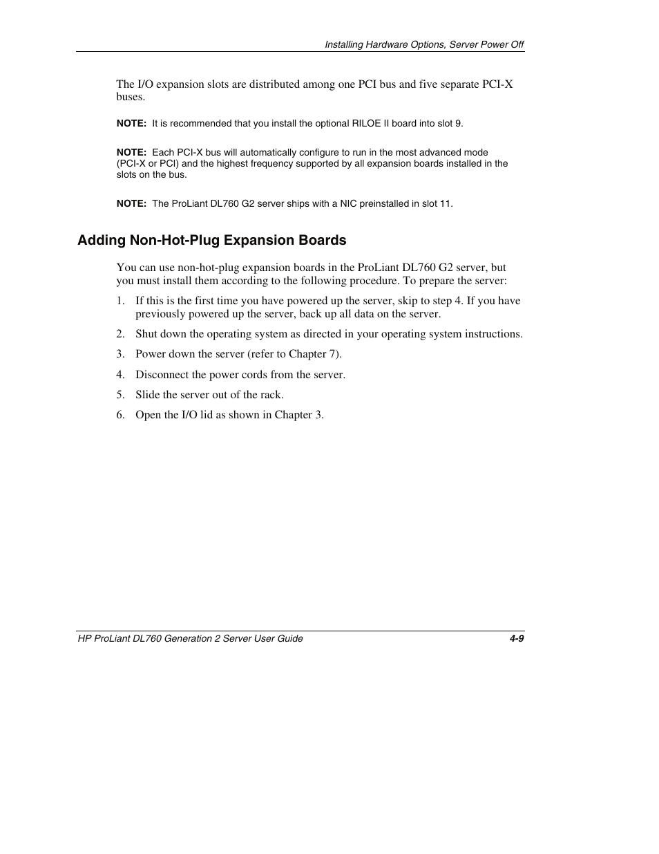 Adding non-hot-plug expansion boards, Adding non-hot-plug expansion boards -9 | HP ProLiant DL760 G2 Server User Manual | Page 98 / 299