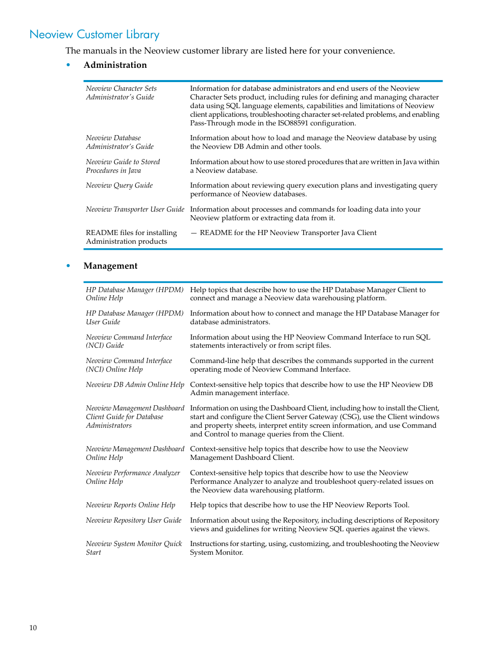 Neoview customer library | HP Neoview Release 2.4 Software User Manual | Page 10 / 124