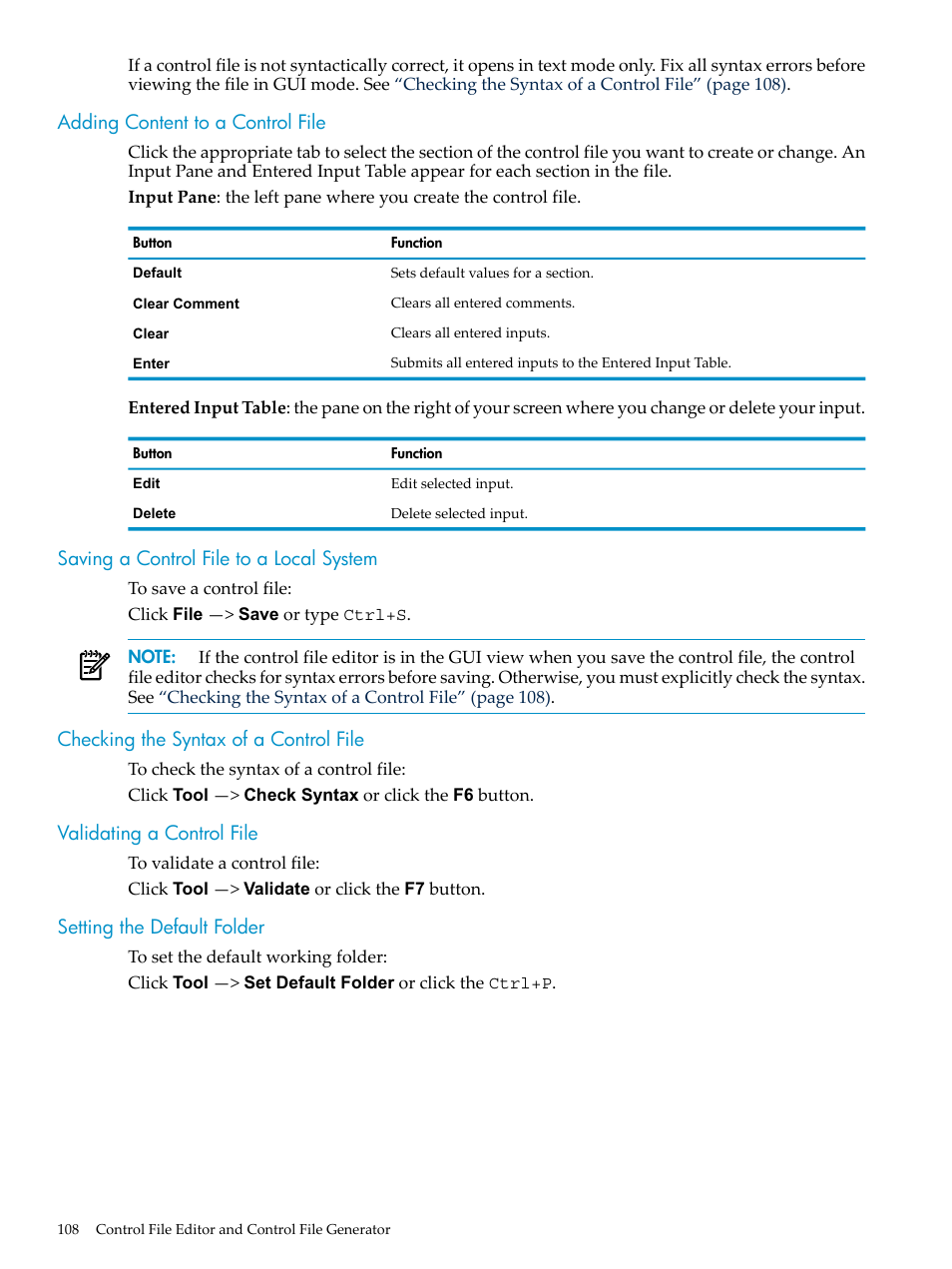 Adding content to a control file, Saving a control file to a local system, Checking the syntax of a control file | Validating a control file, Setting the default folder | HP Neoview Release 2.4 Software User Manual | Page 108 / 124