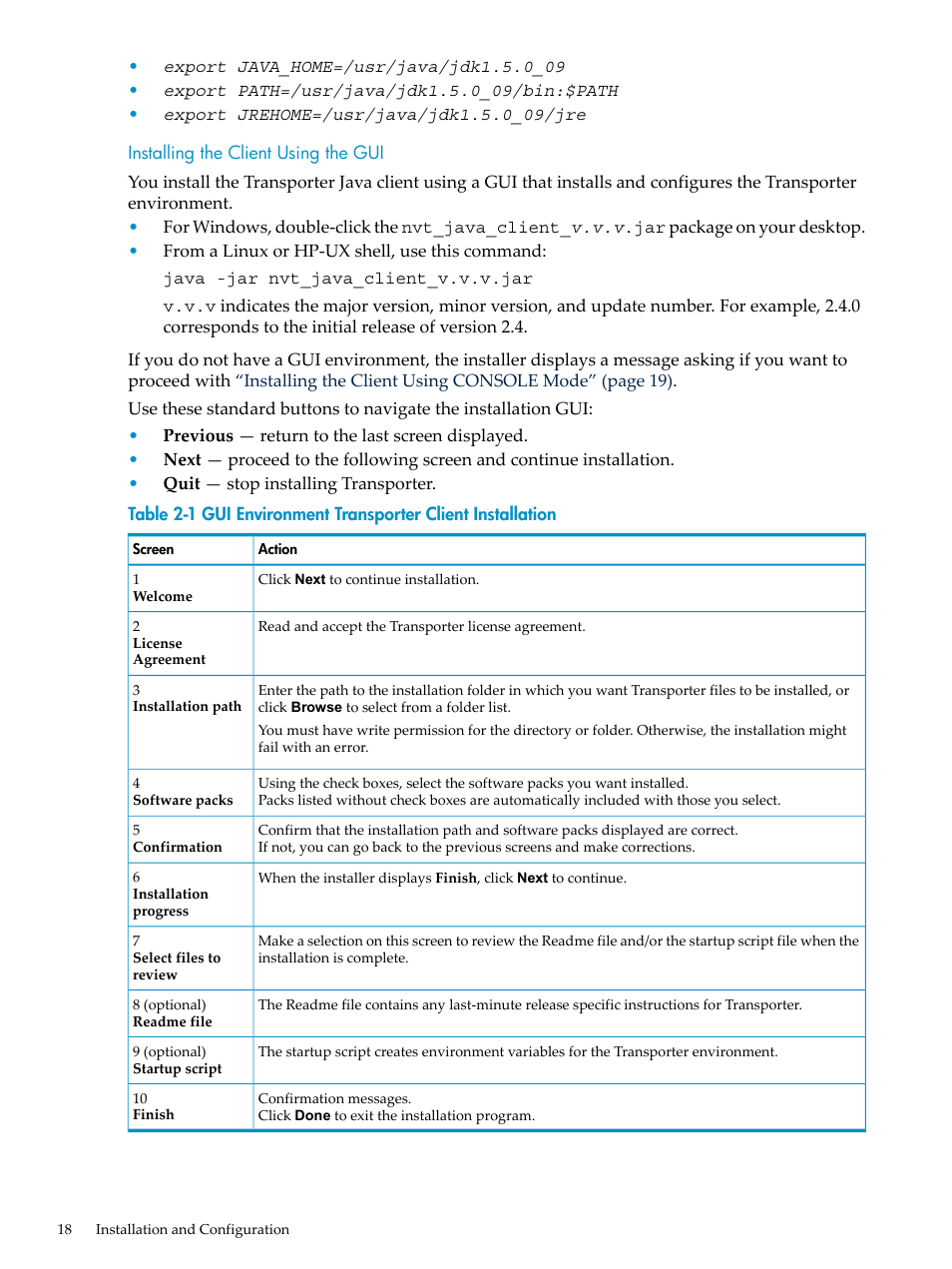 Installing the client using the gui, Gui environment transporter client installation | HP Neoview Release 2.4 Software User Manual | Page 18 / 124