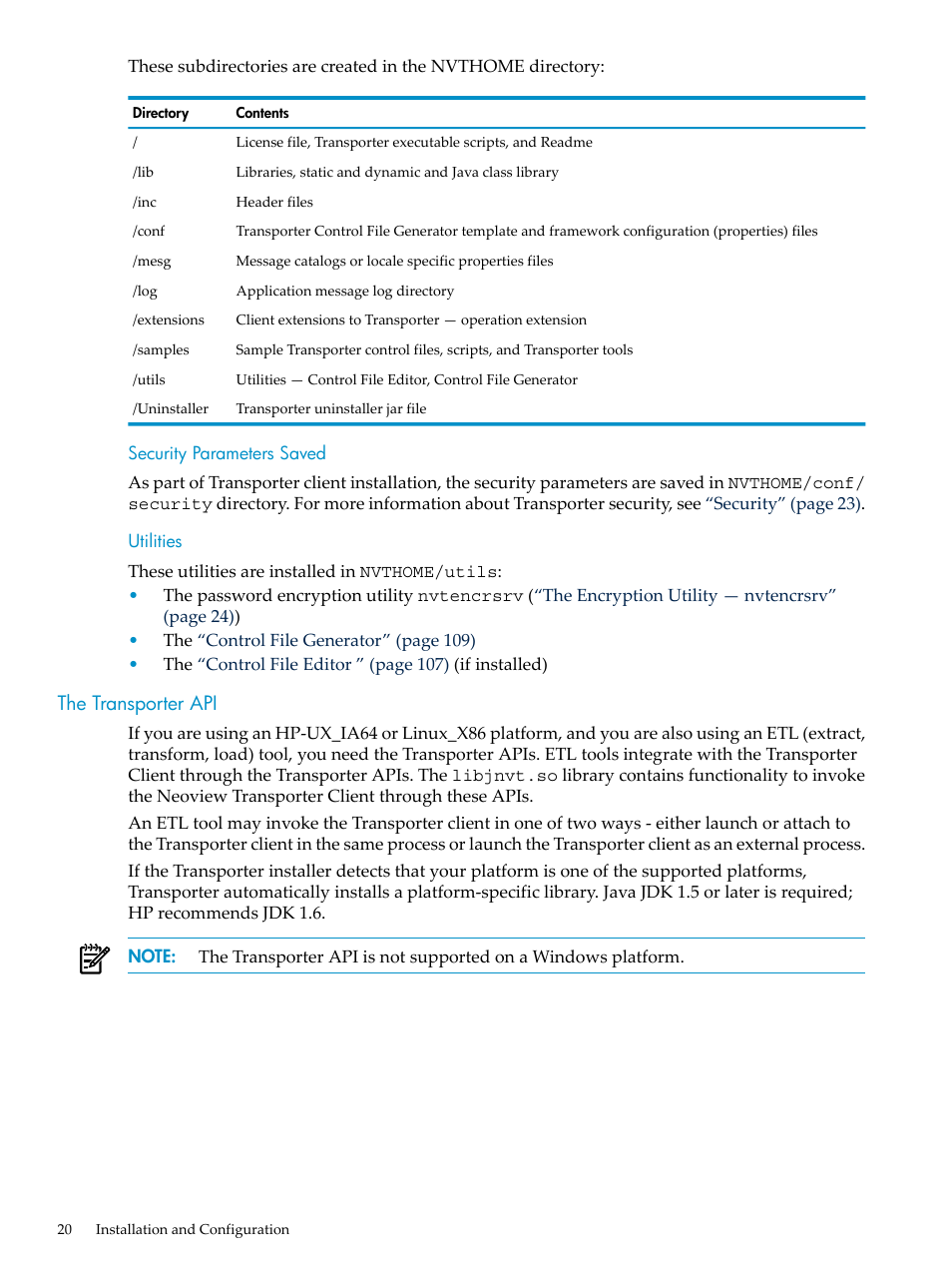 Security parameters saved, Utilities, The transporter api | Security parameters saved utilities | HP Neoview Release 2.4 Software User Manual | Page 20 / 124