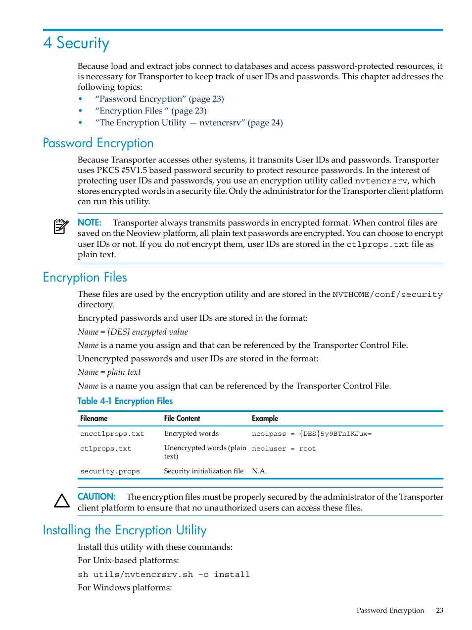 4 security, Password encryption, Encryption files | Installing the encryption utility | HP Neoview Release 2.4 Software User Manual | Page 23 / 124