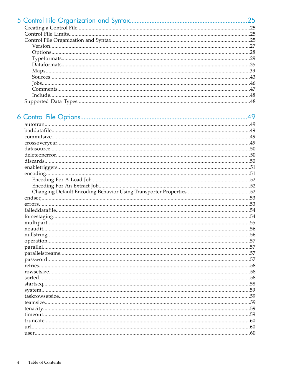 5 control file organization and syntax, 6 control file options | HP Neoview Release 2.4 Software User Manual | Page 4 / 124