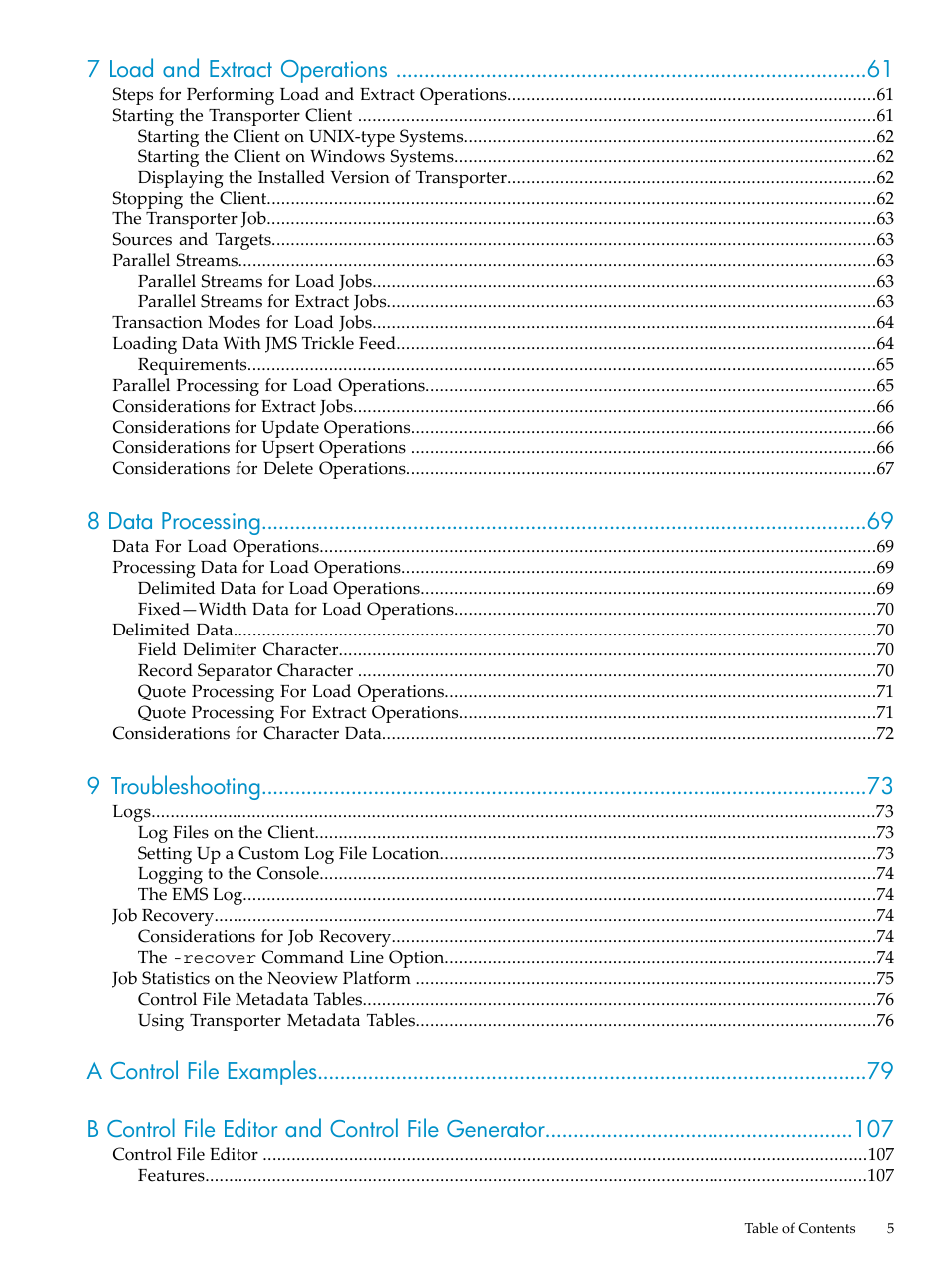 7 load and extract operations, 8 data processing, 9 troubleshooting | HP Neoview Release 2.4 Software User Manual | Page 5 / 124