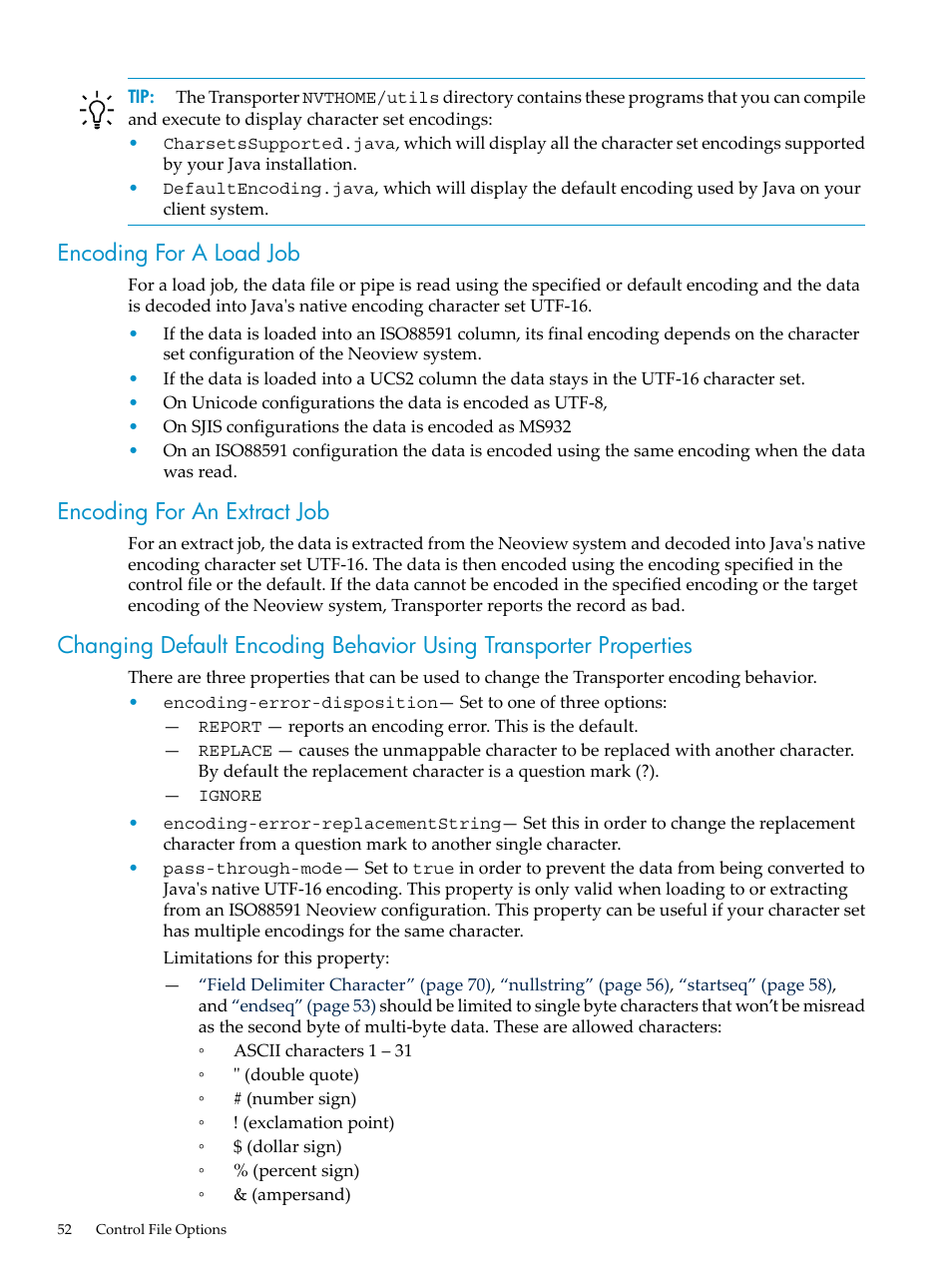 Encoding for a load job, Encoding for an extract job | HP Neoview Release 2.4 Software User Manual | Page 52 / 124