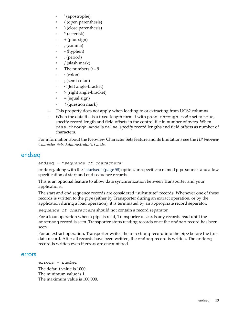 Endseq, Errors, Endseq errors | HP Neoview Release 2.4 Software User Manual | Page 53 / 124