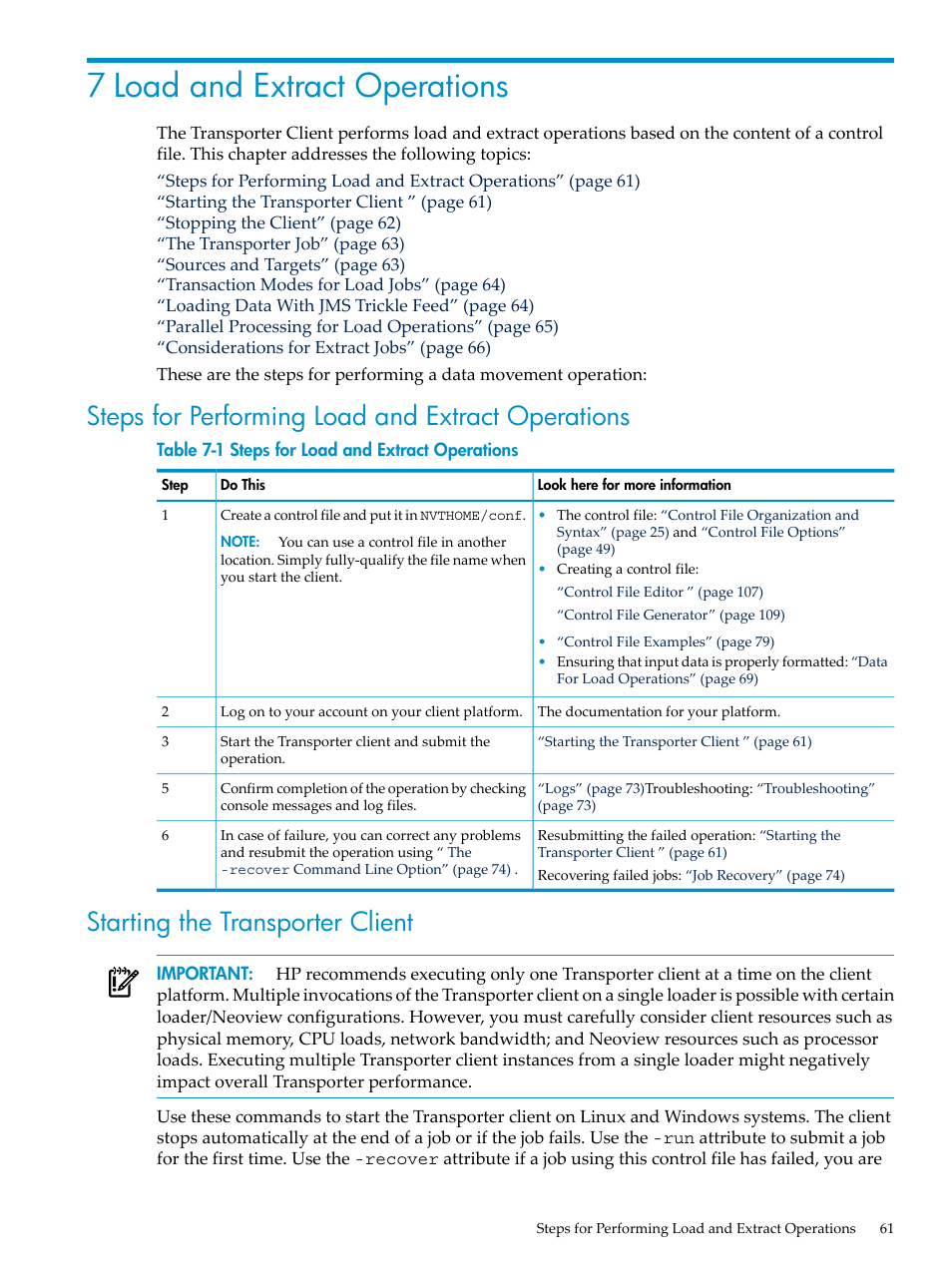 7 load and extract operations, Steps for performing load and extract operations, Starting the transporter client | Steps for load and extract operations | HP Neoview Release 2.4 Software User Manual | Page 61 / 124