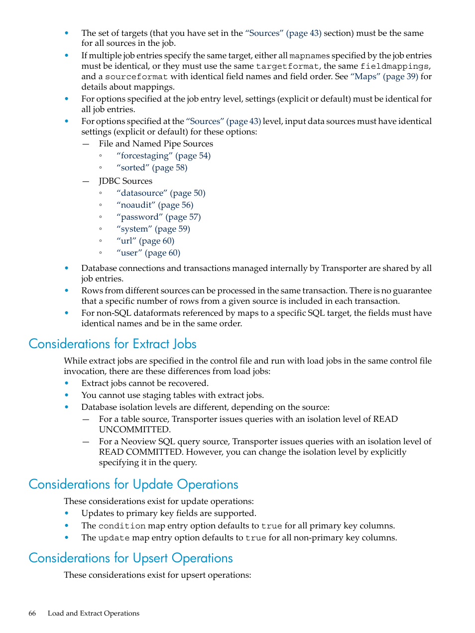 Considerations for extract jobs, Considerations for update operations, Considerations for upsert operations | HP Neoview Release 2.4 Software User Manual | Page 66 / 124