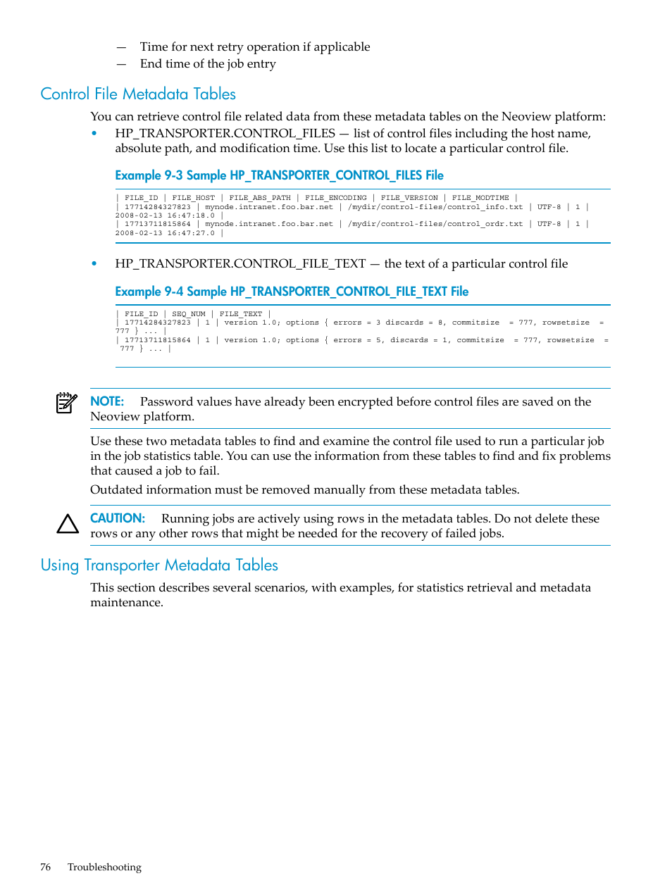 Control file metadata tables, Using transporter metadata tables, Sample hp_transporter_control_files file | Sample hp_transporter_control_file_text file | HP Neoview Release 2.4 Software User Manual | Page 76 / 124