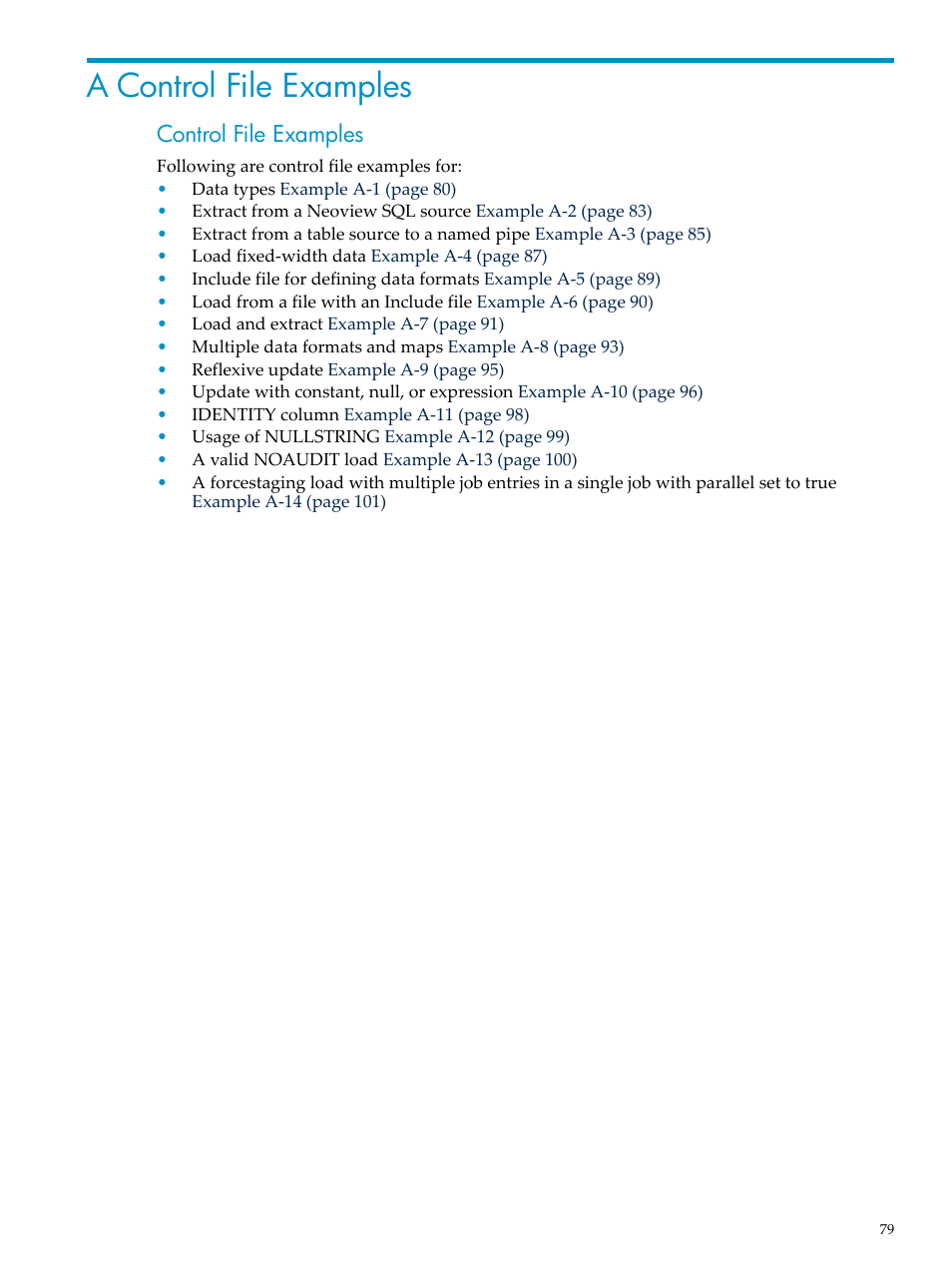 A control file examples, Control file examples | HP Neoview Release 2.4 Software User Manual | Page 79 / 124