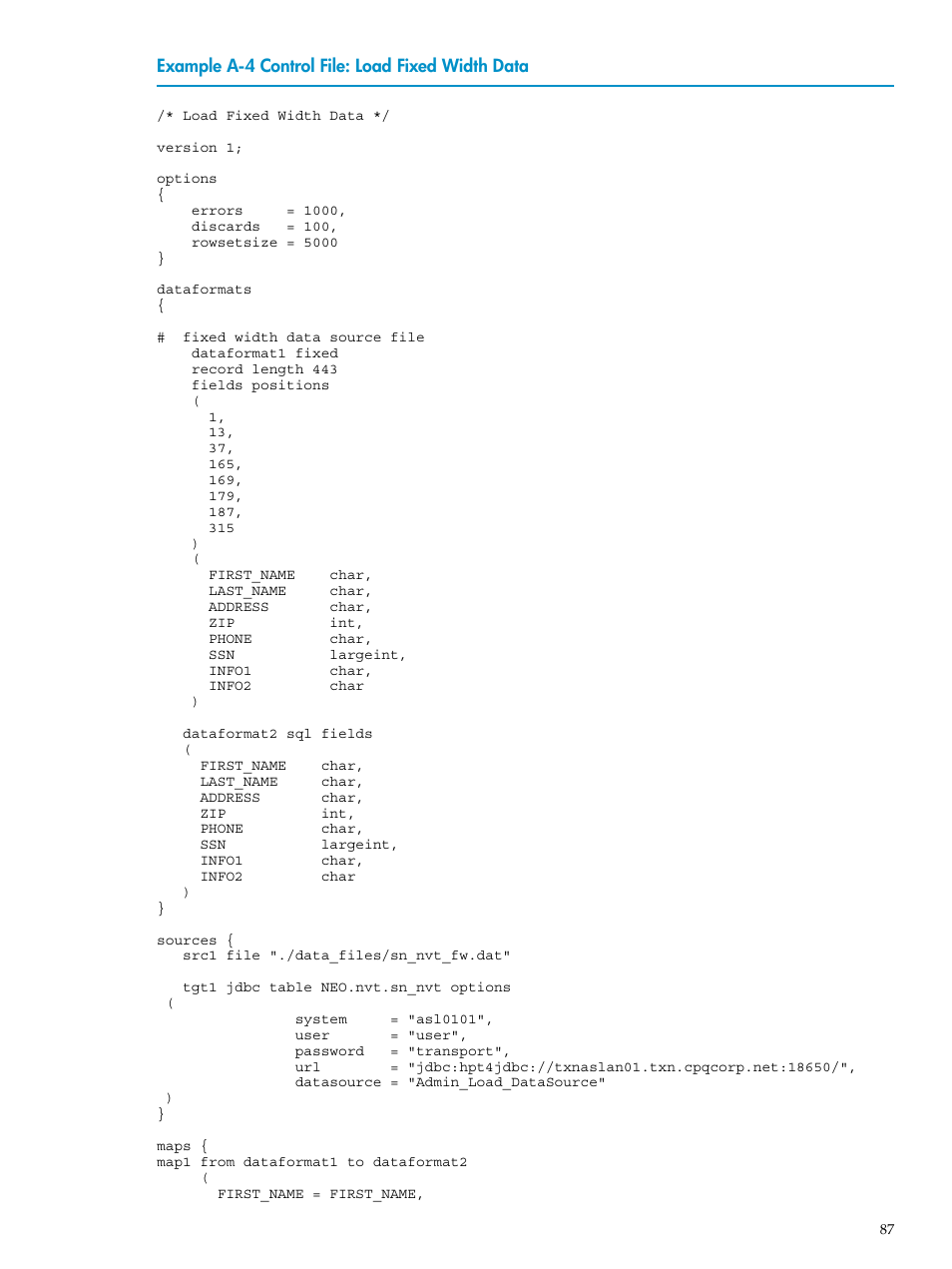 Control file: load fixed width data | HP Neoview Release 2.4 Software User Manual | Page 87 / 124