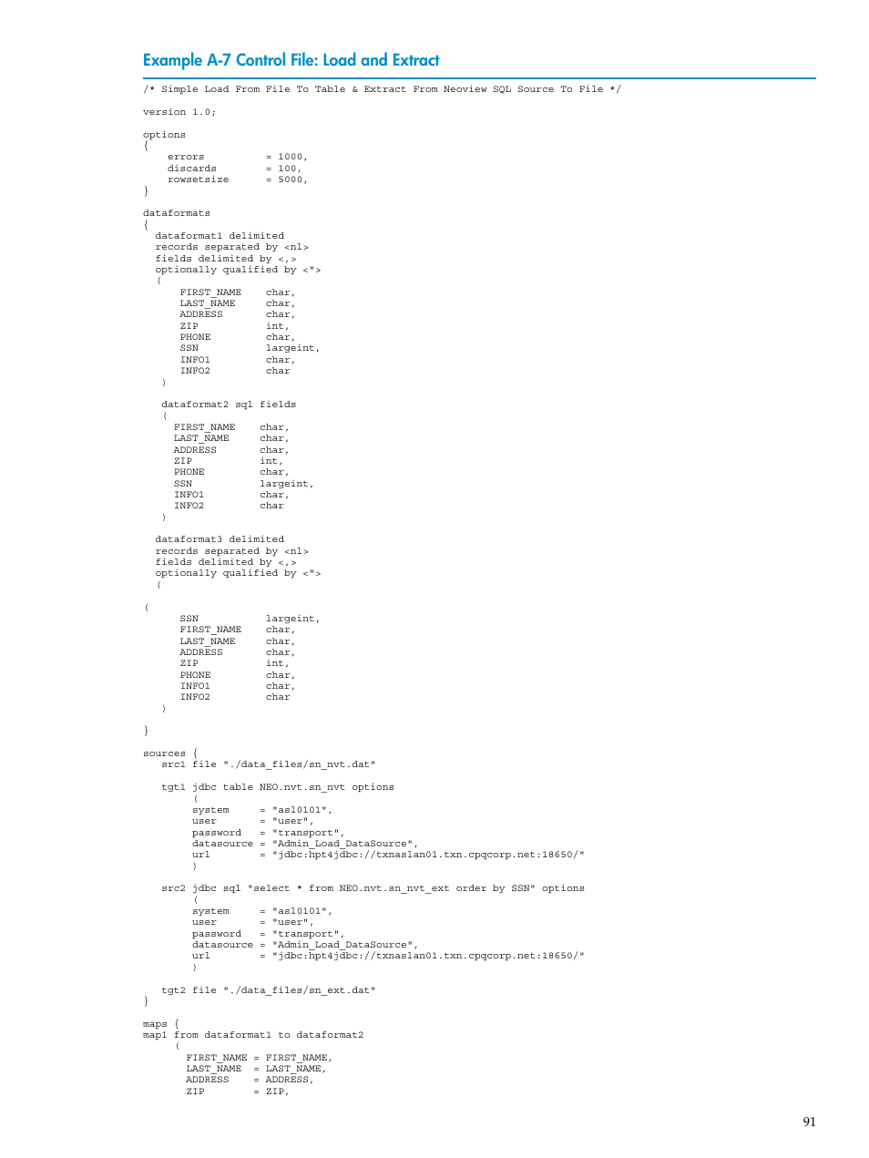 Control file: load and extract, Example a-7 control file: load and extract | HP Neoview Release 2.4 Software User Manual | Page 91 / 124