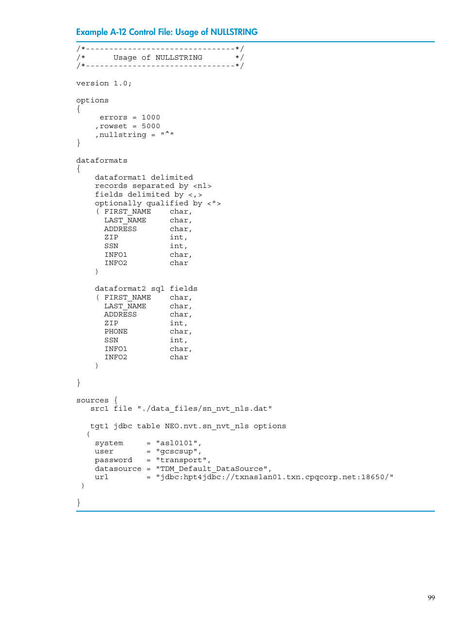 A-12, Control file: usage of nullstring | HP Neoview Release 2.4 Software User Manual | Page 99 / 124