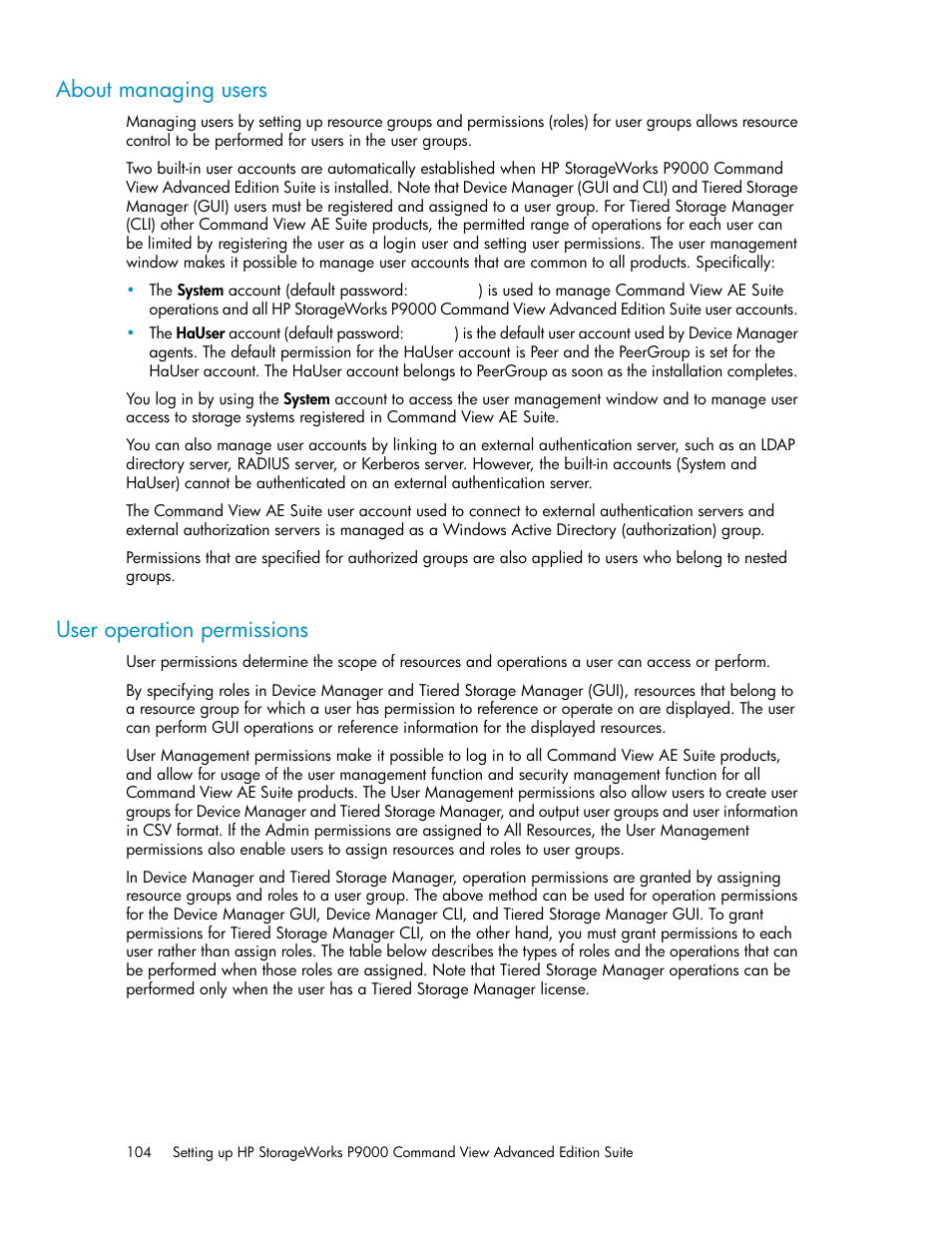 About managing users, User operation permissions, 104 user operation permissions | HP XP Racks User Manual | Page 104 / 158