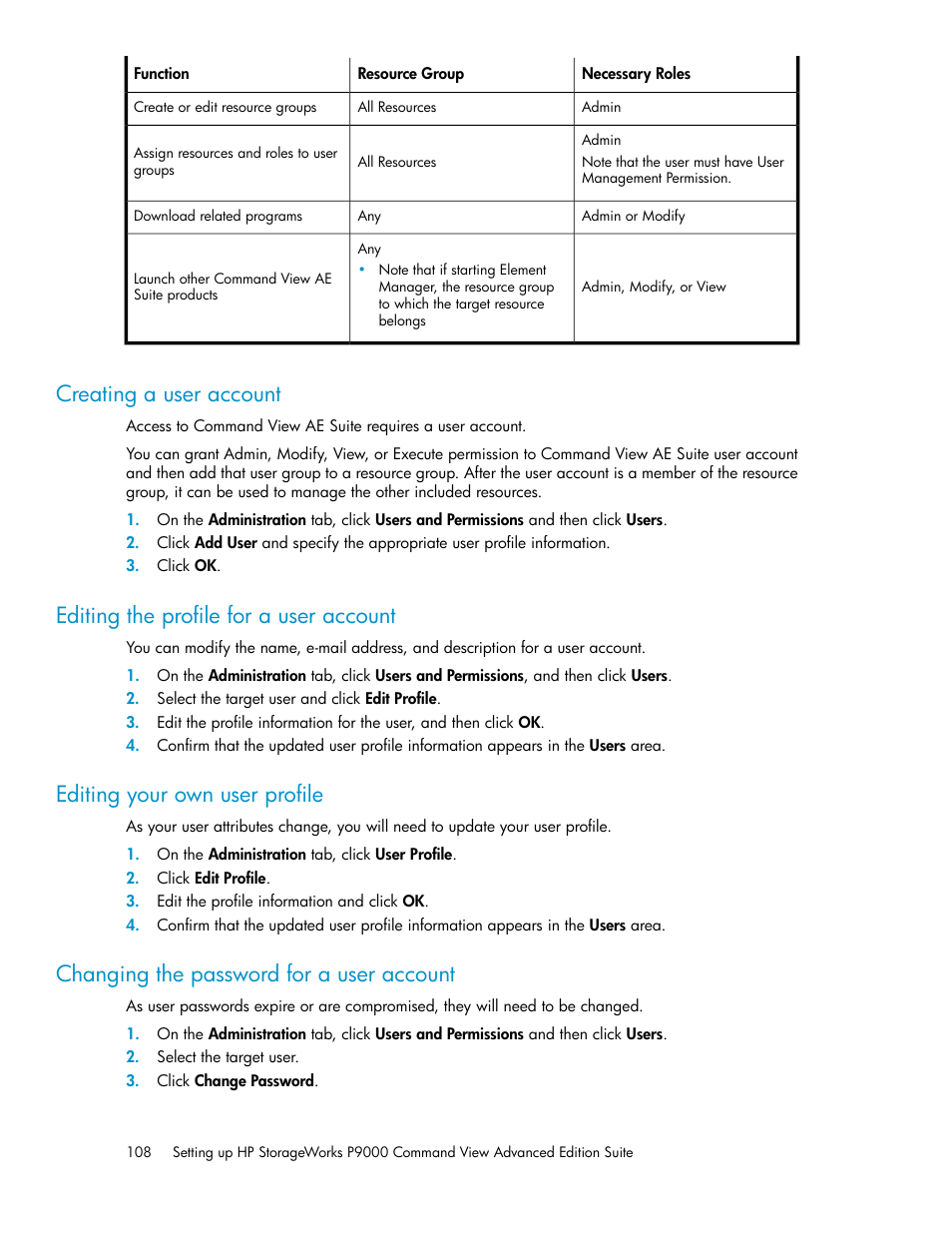 Creating a user account, Editing the profile for a user account, Editing your own user profile | Changing the password for a user account, 108 editing the profile for a user account, 108 editing your own user profile | HP XP Racks User Manual | Page 108 / 158