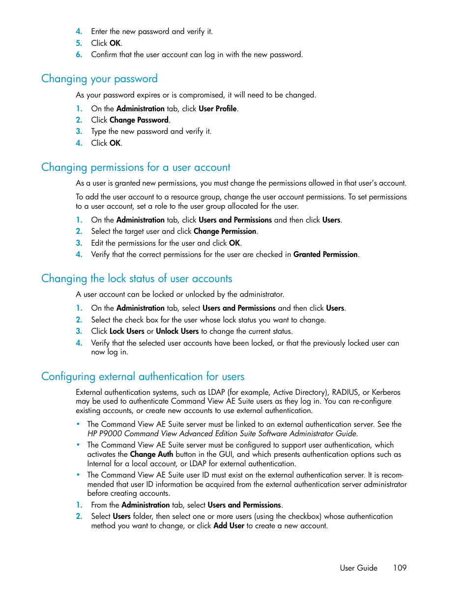 Changing your password, Changing permissions for a user account, Changing the lock status of user accounts | Configuring external authentication for users, 109 changing permissions for a user account, 109 changing the lock status of user accounts, 109 configuring external authentication for users | HP XP Racks User Manual | Page 109 / 158