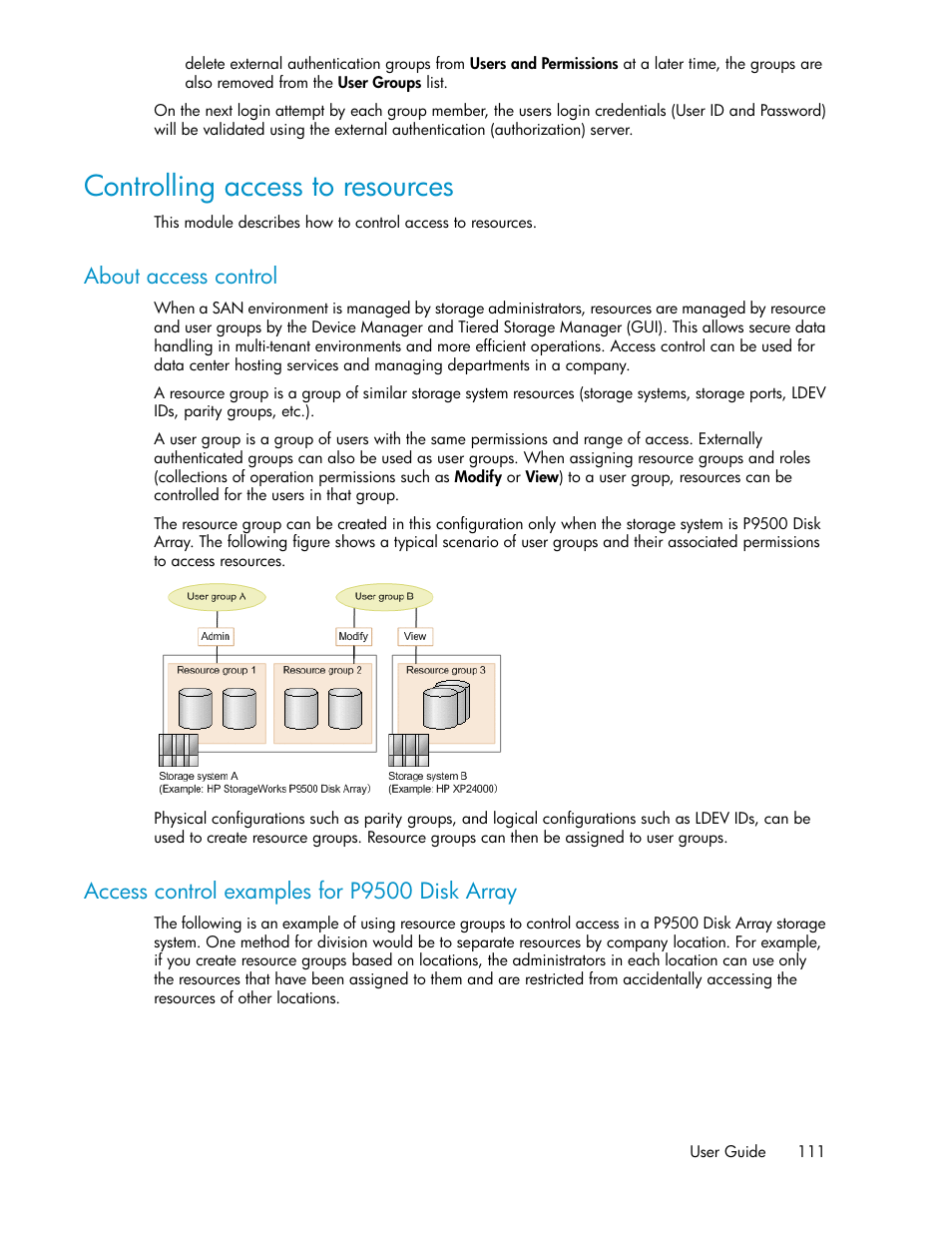 Controlling access to resources, About access control, Access control examples for p9500 disk array | 111 access control examples for p9500 disk array | HP XP Racks User Manual | Page 111 / 158