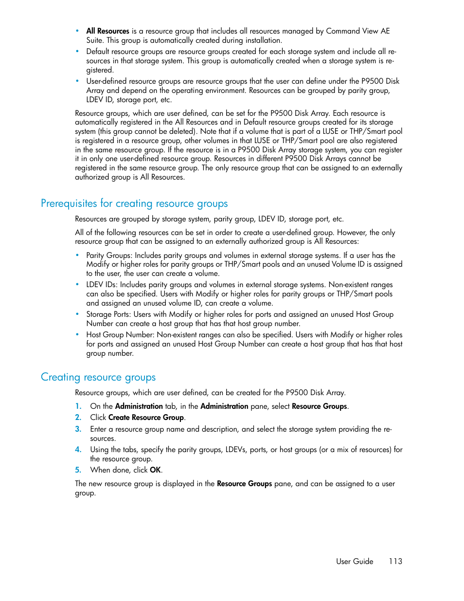 Prerequisites for creating resource groups, Creating resource groups, 113 creating resource groups | HP XP Racks User Manual | Page 113 / 158