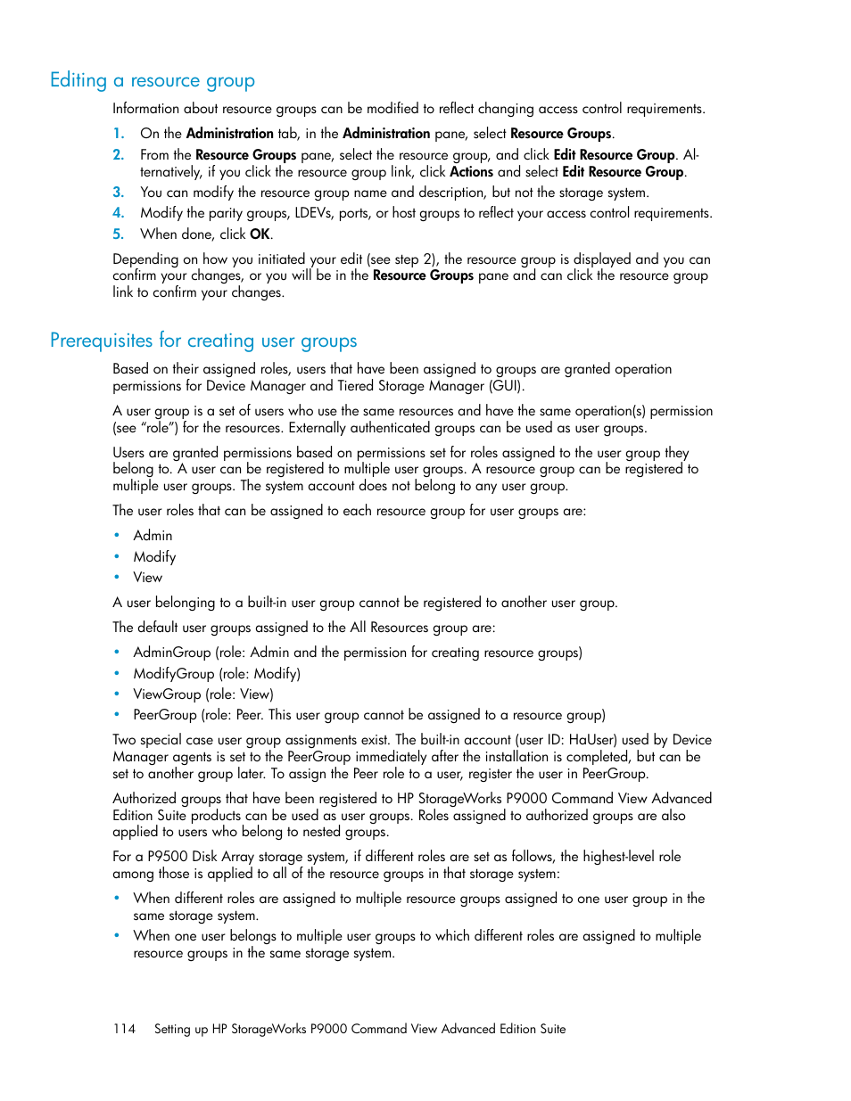 Editing a resource group, Prerequisites for creating user groups, 114 prerequisites for creating user groups | HP XP Racks User Manual | Page 114 / 158