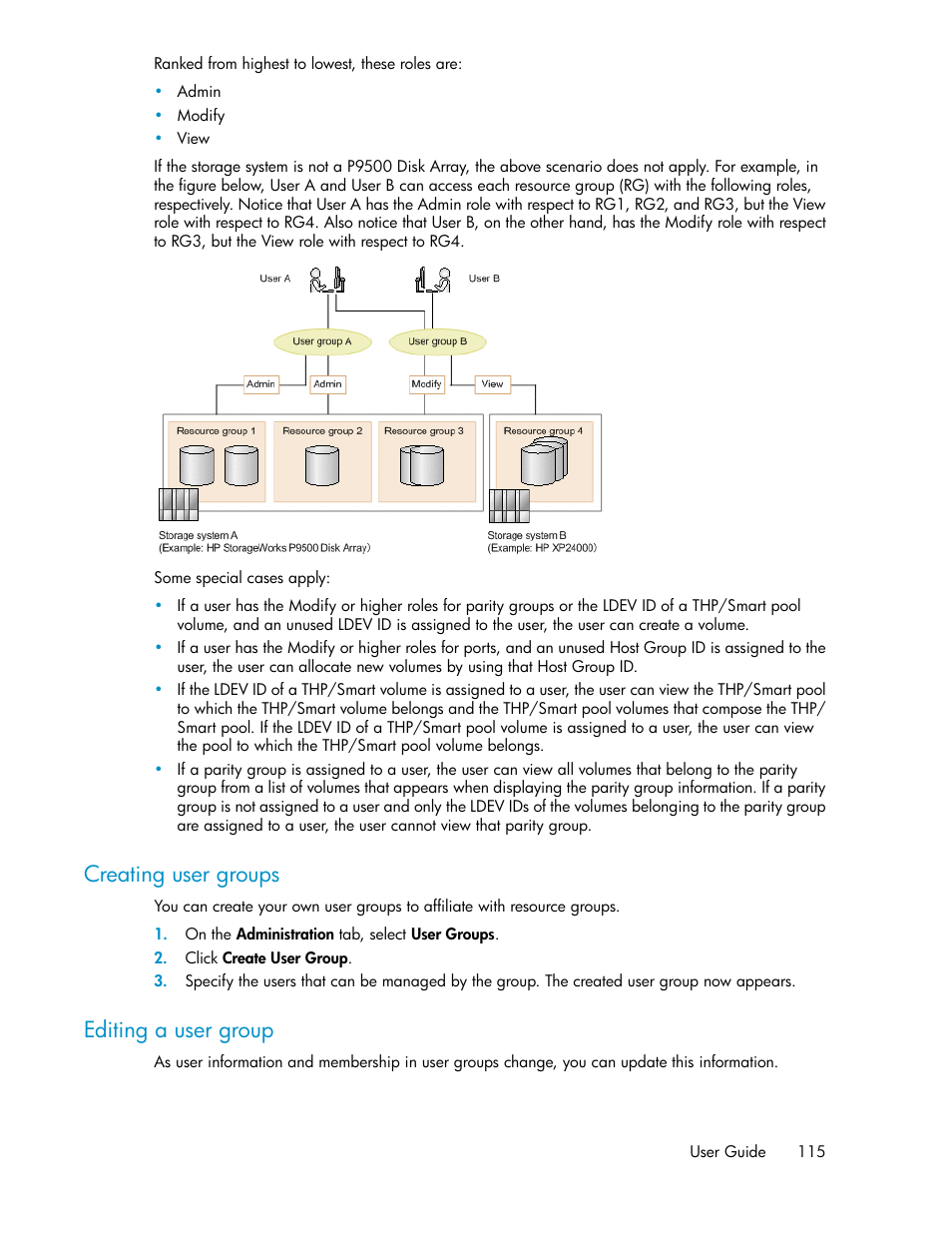 Creating user groups, Editing a user group, 115 editing a user group | HP XP Racks User Manual | Page 115 / 158