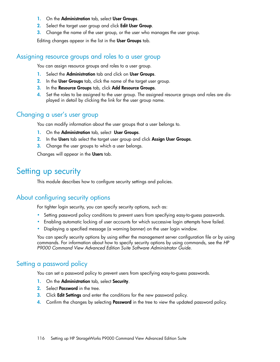 Changing a user’s user group, Setting up security, About configuring security options | Setting a password policy, 116 changing a user’s user group, 116 setting a password policy | HP XP Racks User Manual | Page 116 / 158