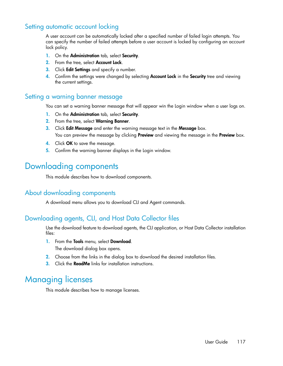 Setting automatic account locking, Setting a warning banner message, Downloading components | About downloading components, Managing licenses, 117 setting a warning banner message | HP XP Racks User Manual | Page 117 / 158