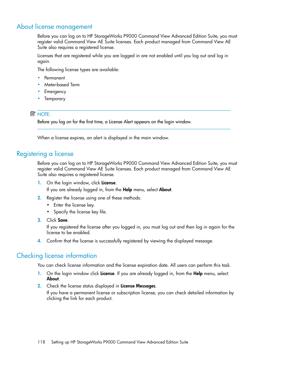 About license management, Registering a license, Checking license information | 118 registering a license, 118 checking license information, Registering a, License | HP XP Racks User Manual | Page 118 / 158