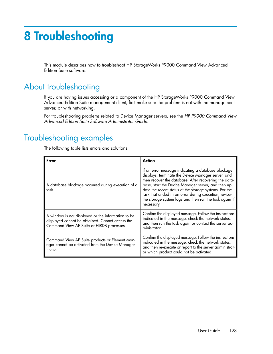 8 troubleshooting, About troubleshooting, Troubleshooting examples | 123 troubleshooting examples | HP XP Racks User Manual | Page 123 / 158