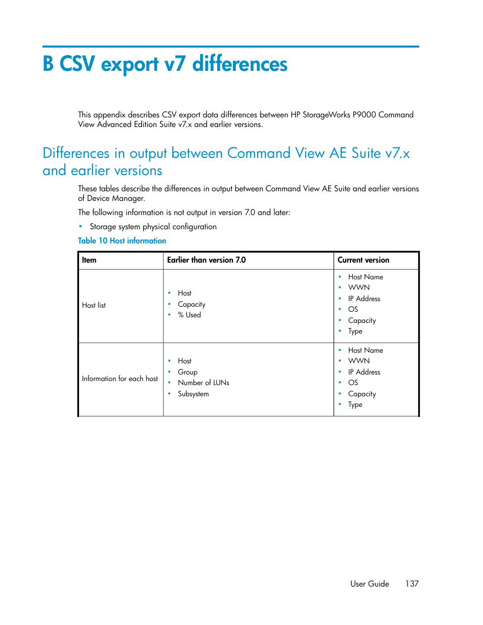 B csv export v7 differences, Host information | HP XP Racks User Manual | Page 137 / 158